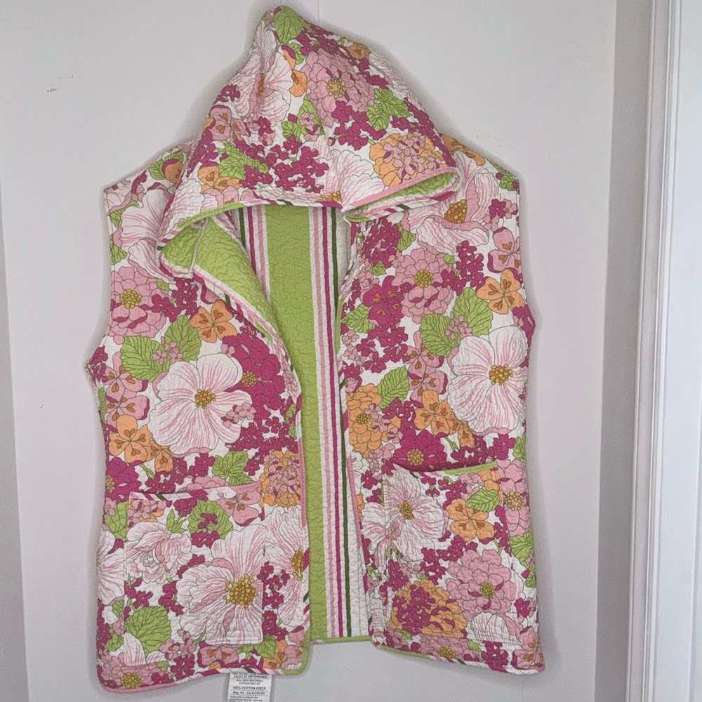 Floral Hooded Vest with Pink and Green Accents